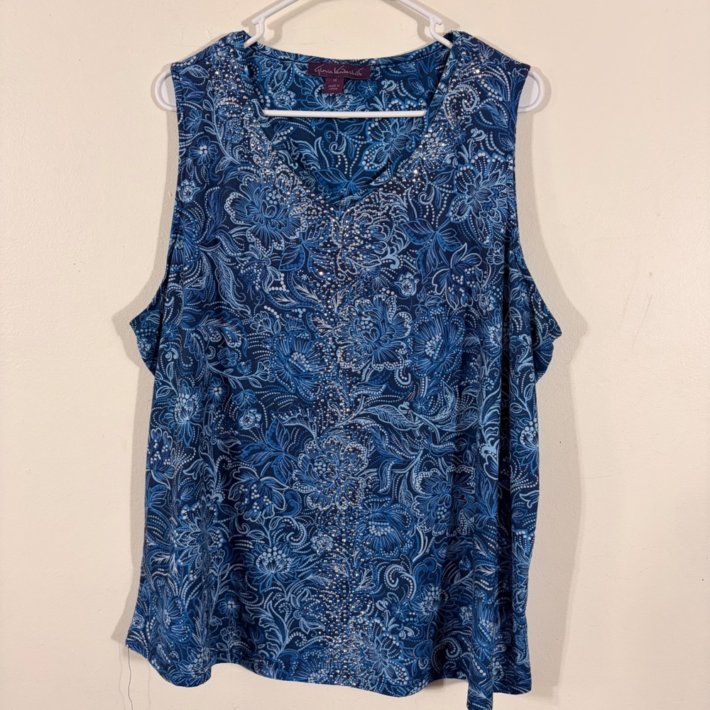 Gloria Vanderbilt Tank Top Womens 1X Blue Paisley Rhinestone Studded